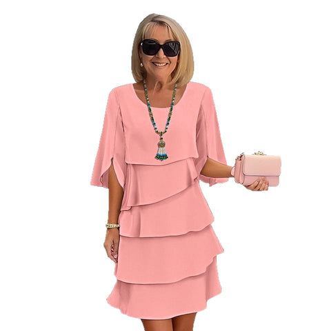 Fashion solid color round neck cake skirt splicing dress women's m302730