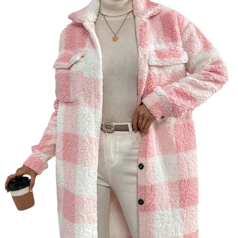 Open-button lapel plush plaid jacket loose temperament commuter long coat women m300360