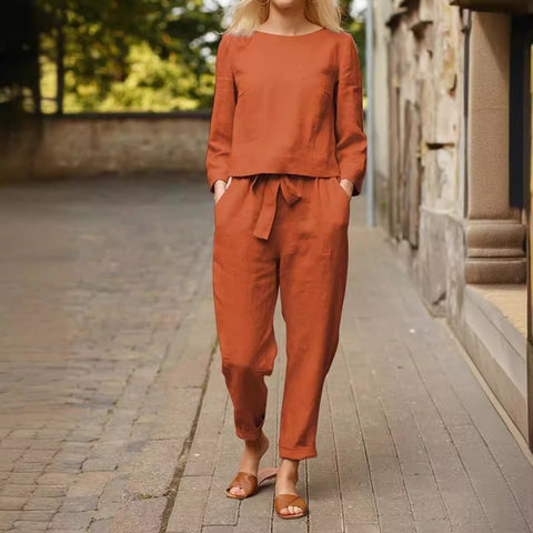Linen suit women's fashion solid color casual two-piece set m300052