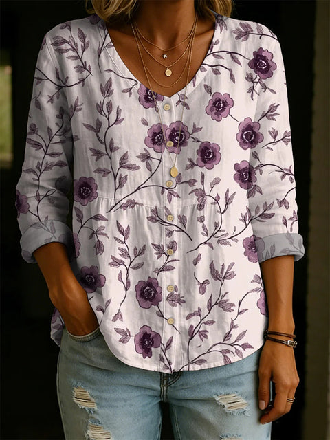 Crew Neck Women's Floral 3D Printed Women's Henley Shirt m302611