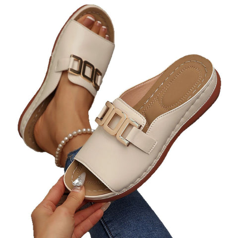 Large size solid color round head metal chain casual outer wear one-word sandals female m302833