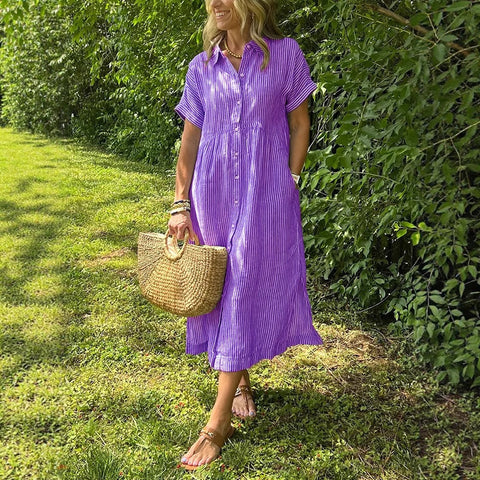 Loose large size striped short-sleeved shirt dress women's summer new casual cotton and linen medium and long skirt m302066
