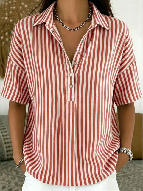 Women's fashion casual striped short-sleeved shirt lapel m302741