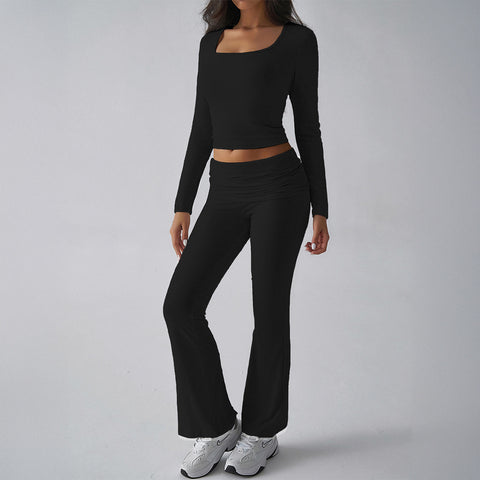 Solid color casual knitted long-sleeved top yoga suit two-piece pants set m301815