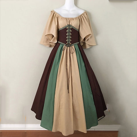 Medieval retro contrasting color slim-fit skirt flying sleeve big swing skirt m301546
