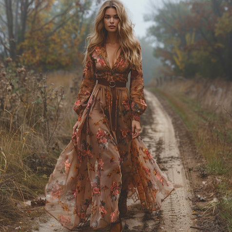 Long Sleeve Digital Printed V-Neck Long Dress, Dress m301981