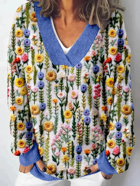 Autumn and winter imitation sweater printing foreign trade new women's pullover V-neck casual fashion long-sleeved top m302113