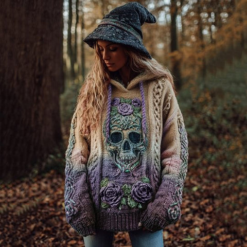 Autumn and winter loose hooded top casual shoulder retro women's printed sweater m302036