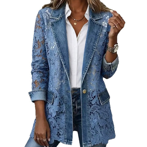 Imitation denim jacket single button medium and long gentle hollow flower lace blazer FF303300