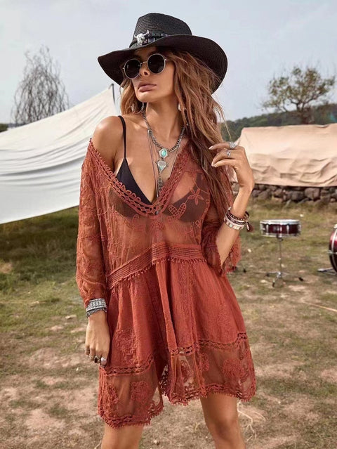 Beach blouse lace cutout sunscreen sexy bikini swimsuit with m301497