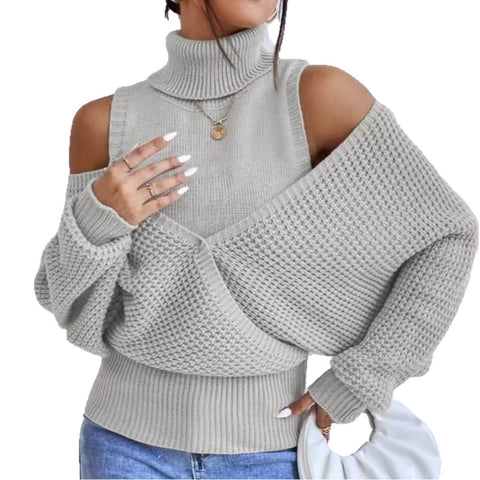 Autumn and winter turtleneck off-the-shoulder sweater, gentle wind, high-end sense, solid color knitted double-layer design sense, long-sleeved women's clothing m301923