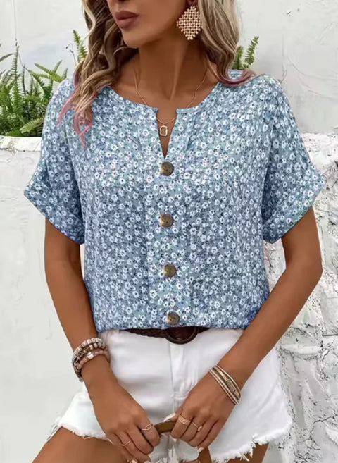 Plant Jacquard V-Neck T-Shirt Short Sleeve Women's Casual m302704