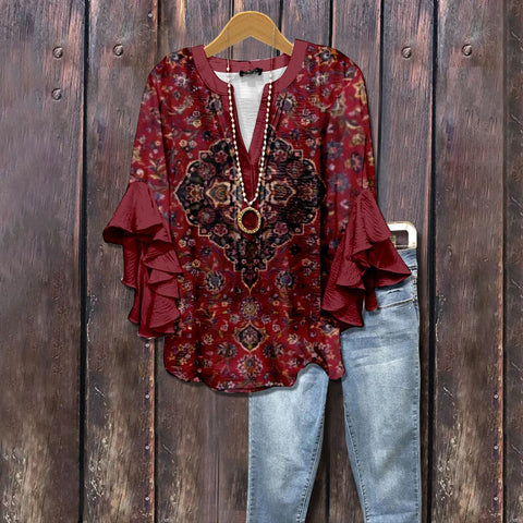 Creative floral element printing digital printing casual trend V-neck lotus edge T-shirt m301352