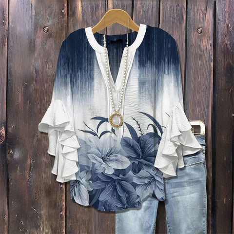 Creative floral element printing digital printing casual trend V-neck lotus edge T-shirt women's m301769