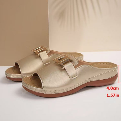 Large size solid color round head metal chain casual outer wear one-word sandals female m302833
