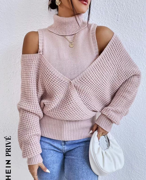 Autumn and winter turtleneck off-the-shoulder sweater, gentle wind, high-end sense, solid color knitted double-layer design sense, long-sleeved women's clothing m301923