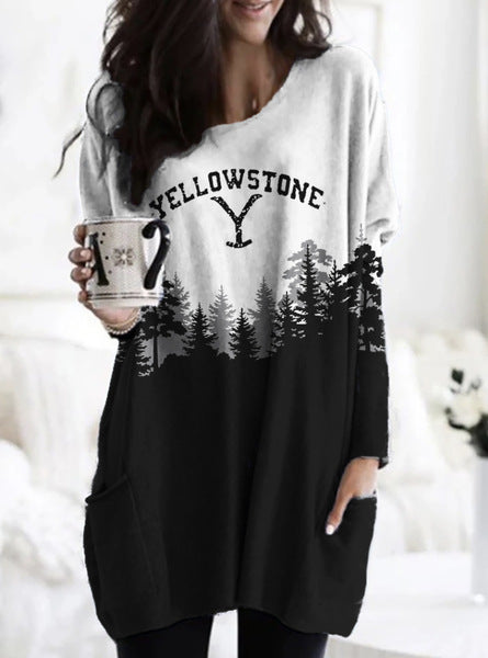 Digital printing women's fashion round neck medium and long top T-shirt m302271