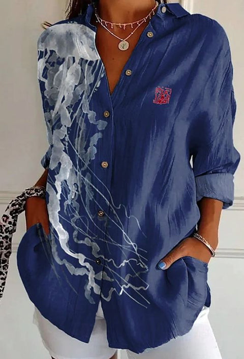 3D digital printing abstract pattern women's long-sleeved buckle linen shirt m302749 -2
