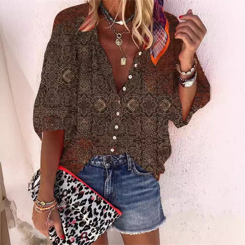 Fashion summer European and American women's clothing stand-up collar loose button retro printed casual shirt m301723