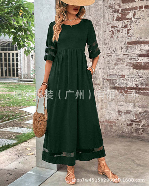 Large size women's five-quarter sleeve mesh crew neck splicing pocket dress m302052