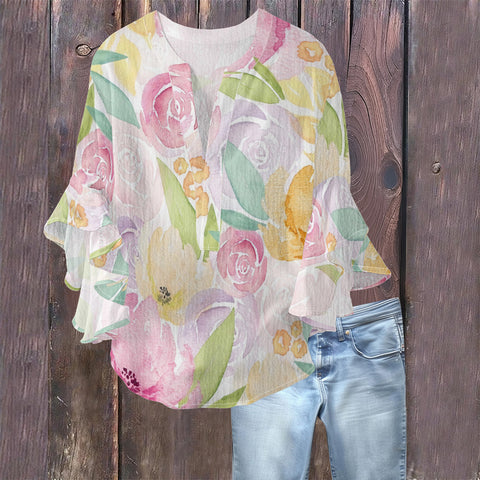 Creative floral element printing digital printing casual trend V-neck lotus edge T-shirt women's m301769