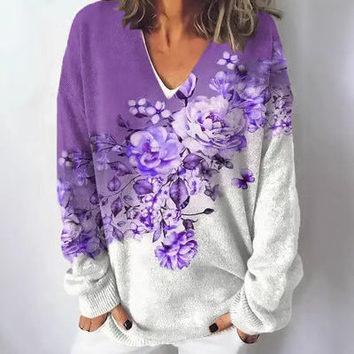 Autumn and winter imitation sweater printing foreign trade new women's pullover V-neck casual fashion long-sleeved top m302113