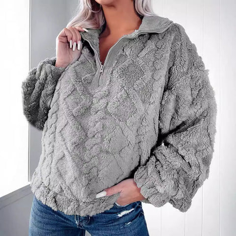 Simple solid color half zipper stand-up collar loose plush pullover m300436