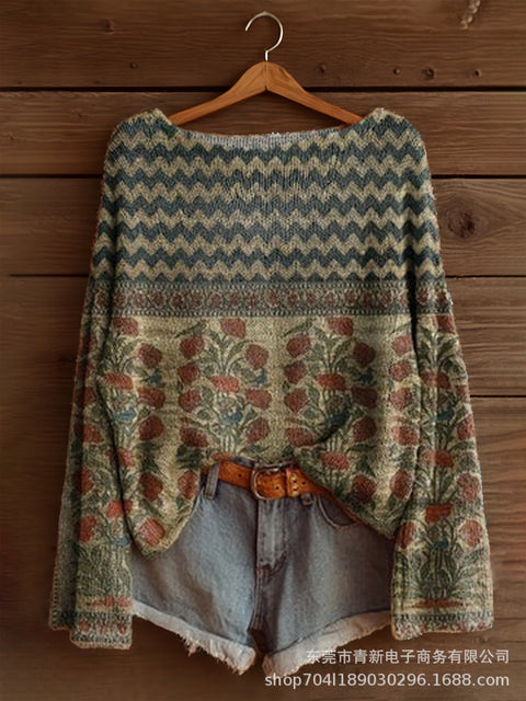 Vacation print casual cape top crew neck knitted sweater m302130