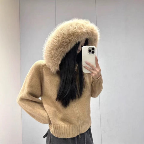 Hooded fur collar splicing knitted sweater jacket women's autumn and winter simple cardigan m302131