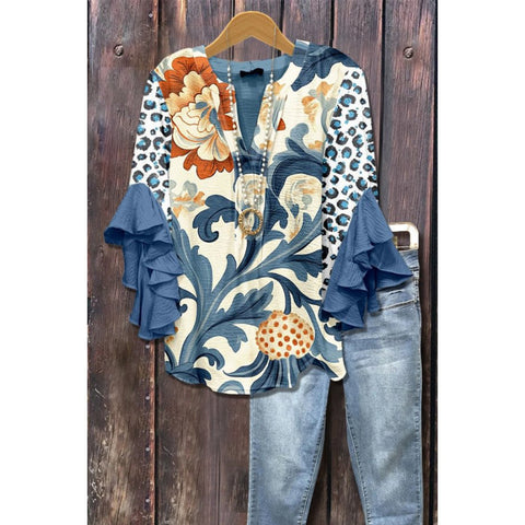 Floral element printing digital printing casual trend V-neck lotus edge T-shirt women's upper m302746