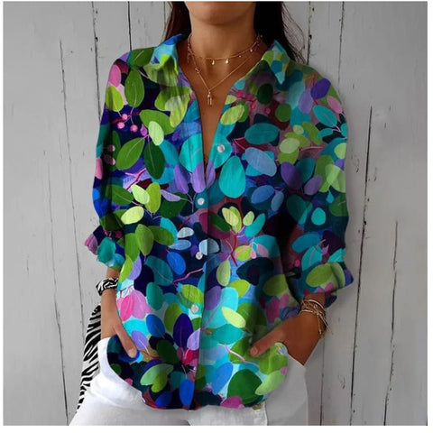 3D digital printing abstract pattern women's long-sleeved buckle linen shirt m302749 -2