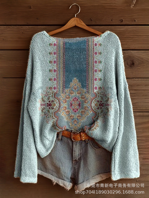 Vacation print casual cape top crew neck knitted sweater m302130