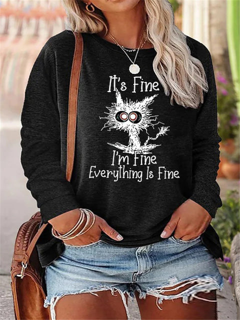 Black Cat Cartoon Printed Women's Crew Neck Long Sleeve T-Shirt M800016