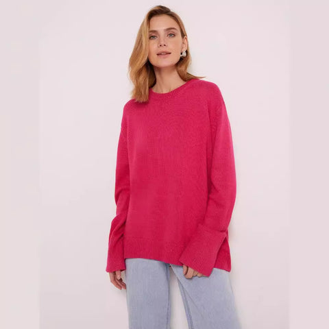 Women's knitted sweater crew neck solid color loose sweater m300667