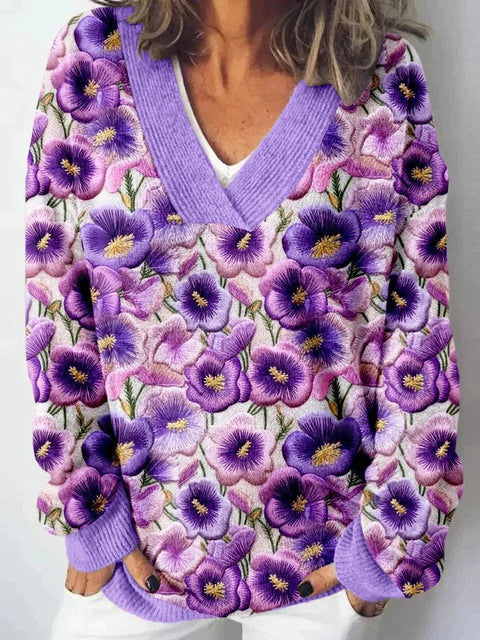 Autumn and winter imitation sweater printing foreign trade new women's pullover V-neck casual fashion long-sleeved top m302113