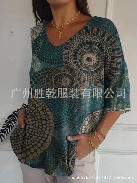 V-neck 3D printed geometric pattern five-quarter sleeve T-shirt top m302777