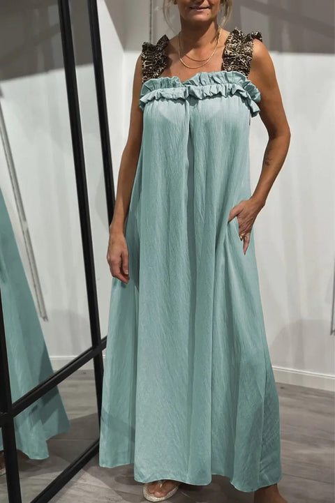 Popular vacation women's casual suspender splicing leopard print pocket cotton and linen dress m302050