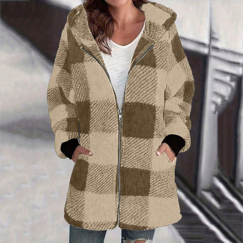 Long Sleeve Plaid Hooded Zipper Pocket Loose Jacket m302168