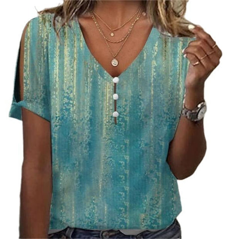 3D printed V-neck button-up T-shirt top daily short-sleeved m301263