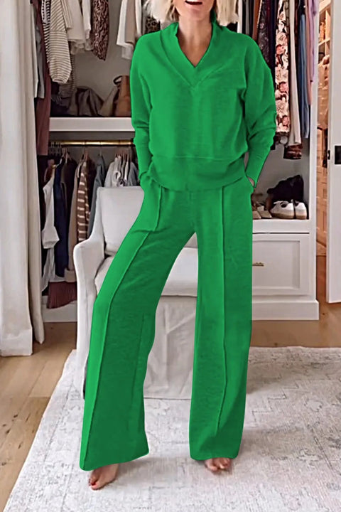 V-neck long-sleeved loose top wide-leg pants two-piece set m301327