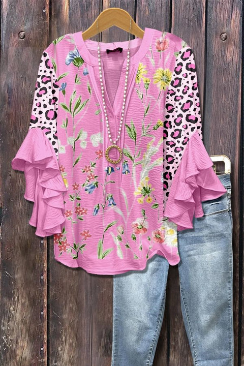 Creative floral element printing digital printing casual trend V-neck lotus edge T-shirt m301358