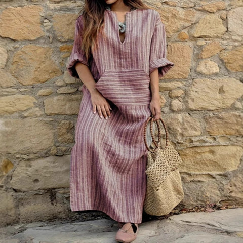 New cotton and linen dyed striped loose dress m302470