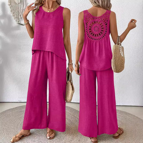 Spring and summer solid color hollow lace two-piece fashion casual vest wide-leg pants trousers m301367