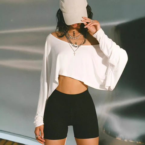 lazy style casual solid color short T-shirt slanted shoulder sexy loose shoulder long sleeve Spice girl short top m302942