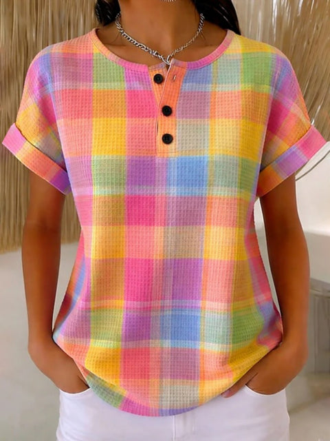 Geometric print henry collar short sleeve t-shirt women m302674