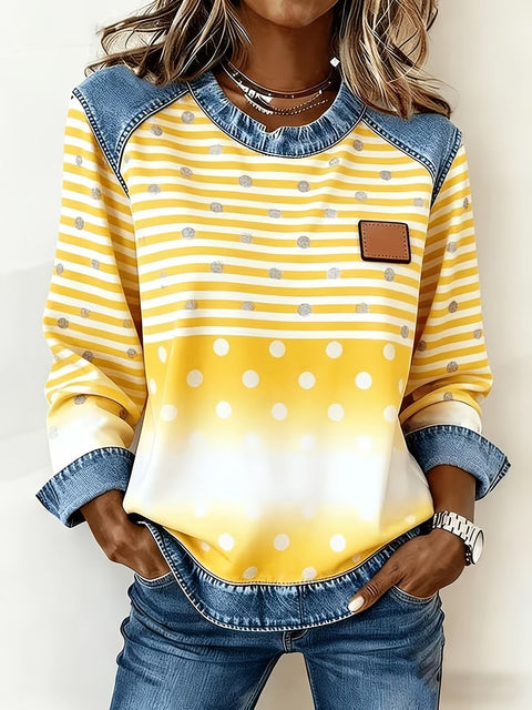 Gedruckter Jeans-Rundhalspullover, lässiger Langarm-Pullover, Jacke m303056