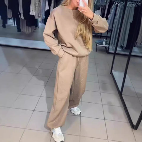 Women's casual round neck long sleeve full body hot diamond drawstring foot tie two-piece set m301499