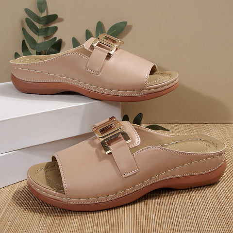 Large size solid color round head metal chain casual outer wear one-word sandals female m302833