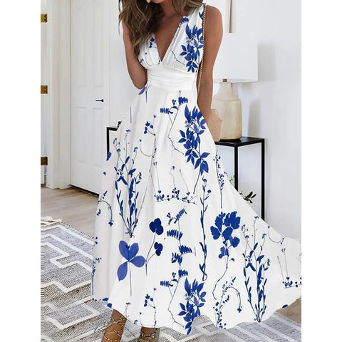 Women's new V-neck with lining high waist sleeveless printed sexy vest dress m301267