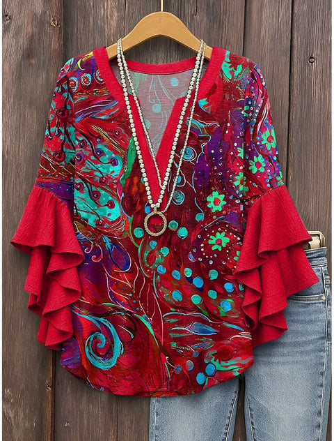 Digital printing casual trend V-neck lotus edge T-shirt women's m302725-2